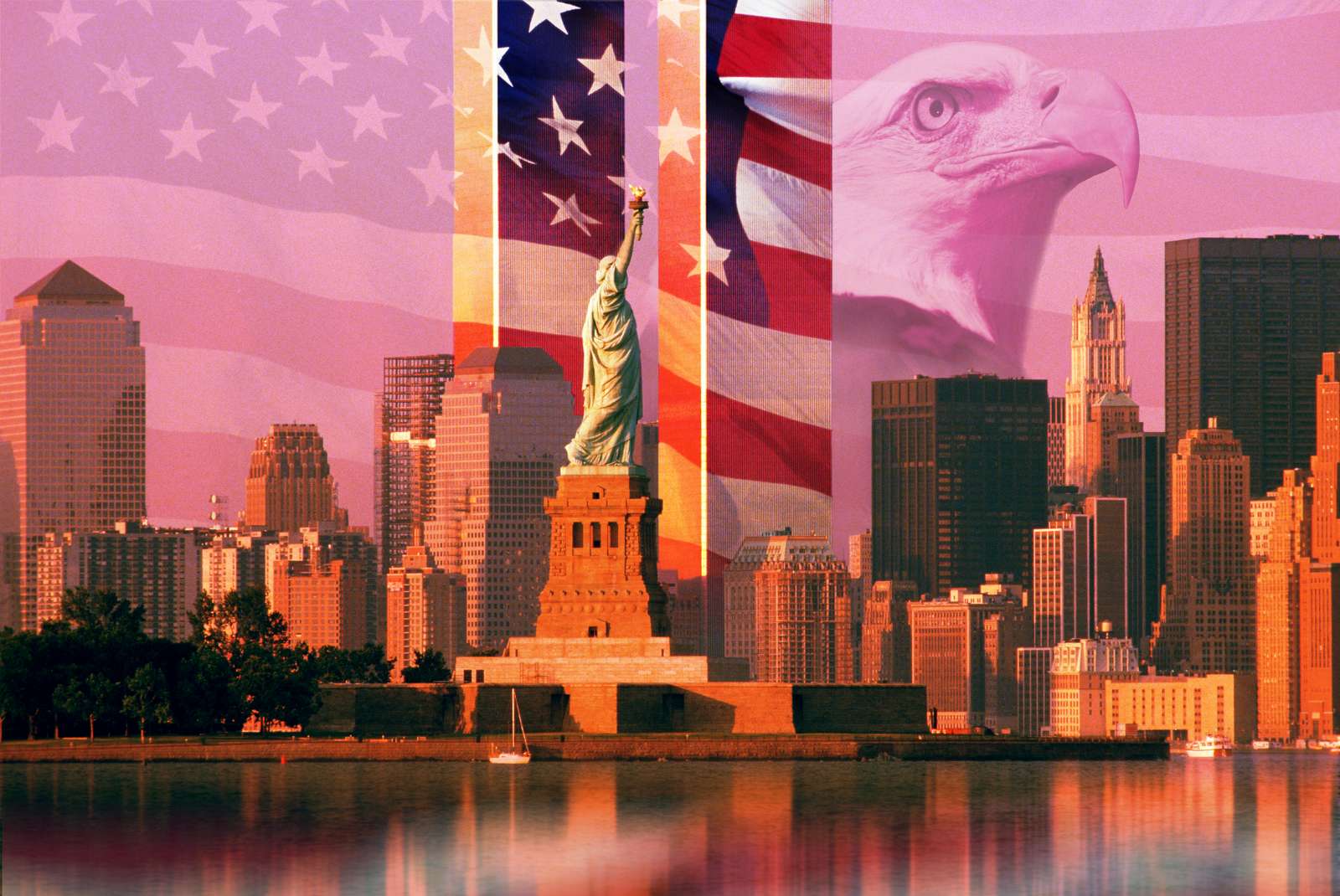 Patriotic NYC skyline with eagle and American flag
